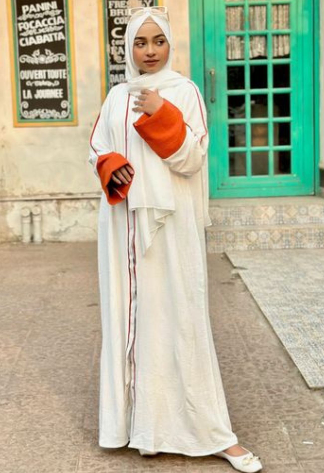 Angle Abaya With Burnt Orange Piping And Sleeves