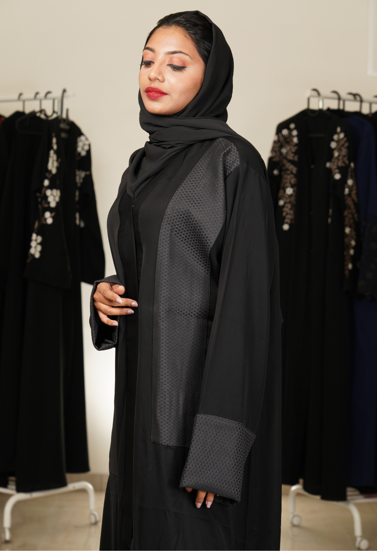 Black Front Open Abaya with Patch Work