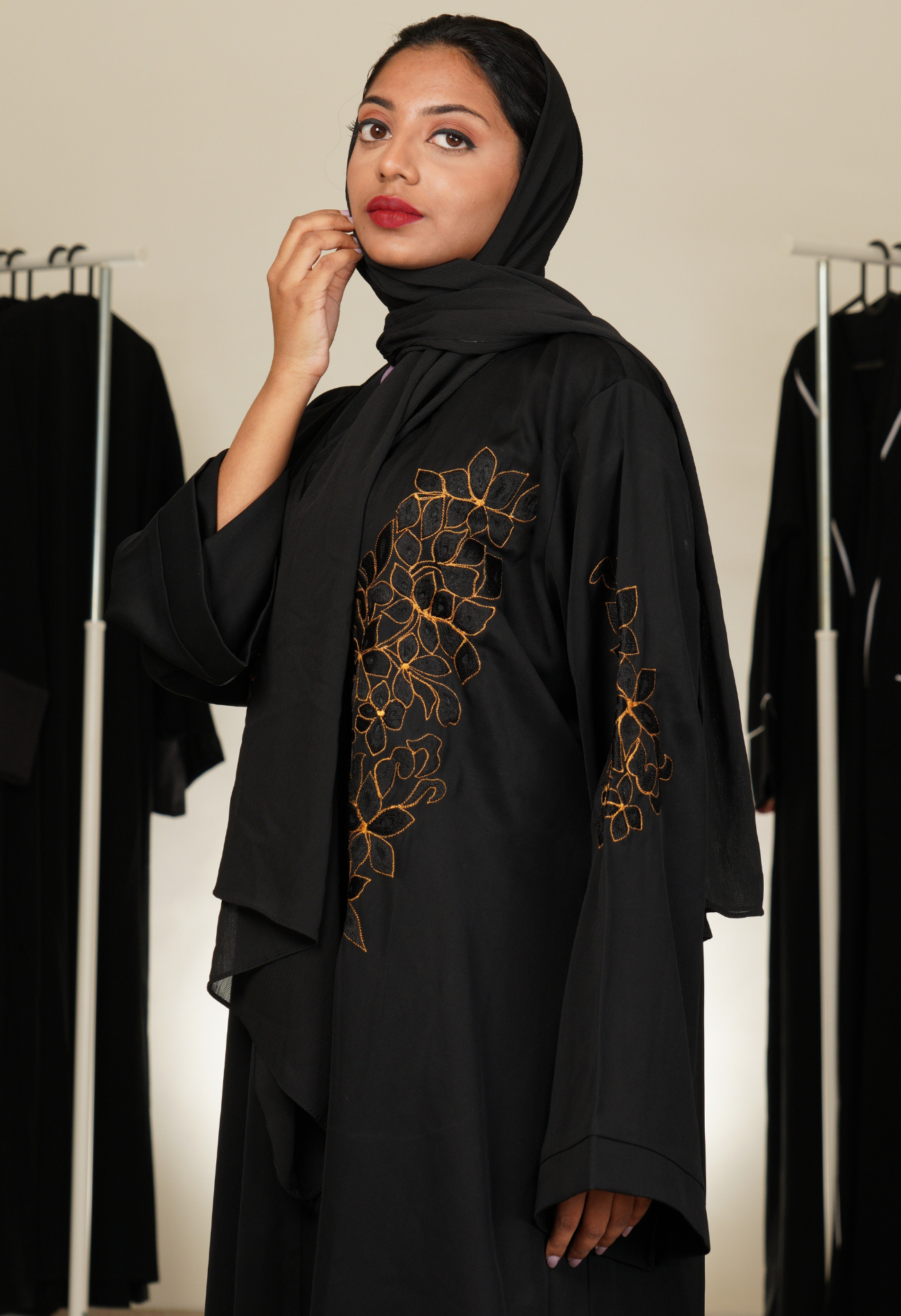 Black Front Open Abaya With Embroidery