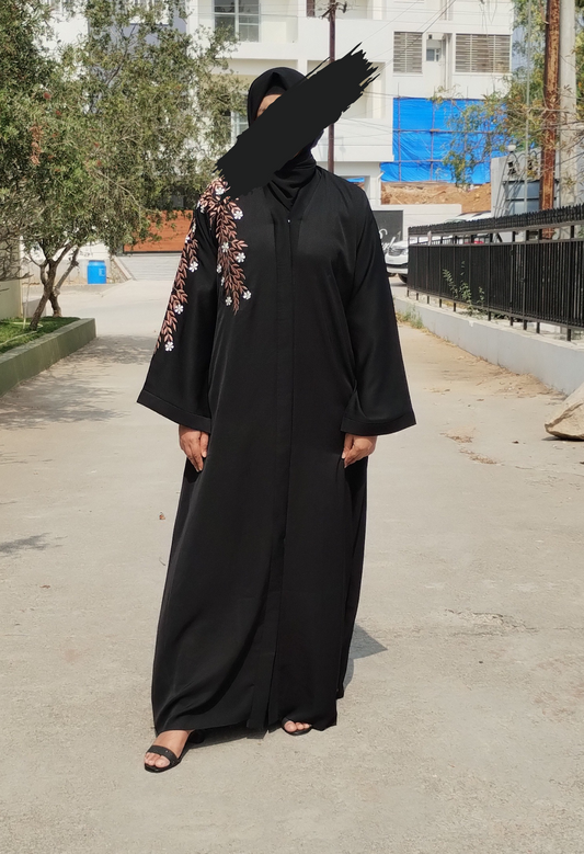 Black Front Open Abaya with sided Embroidery