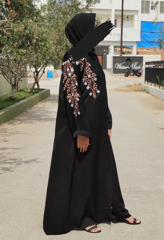 Black Front Open  One Sided Embroidery Abaya
