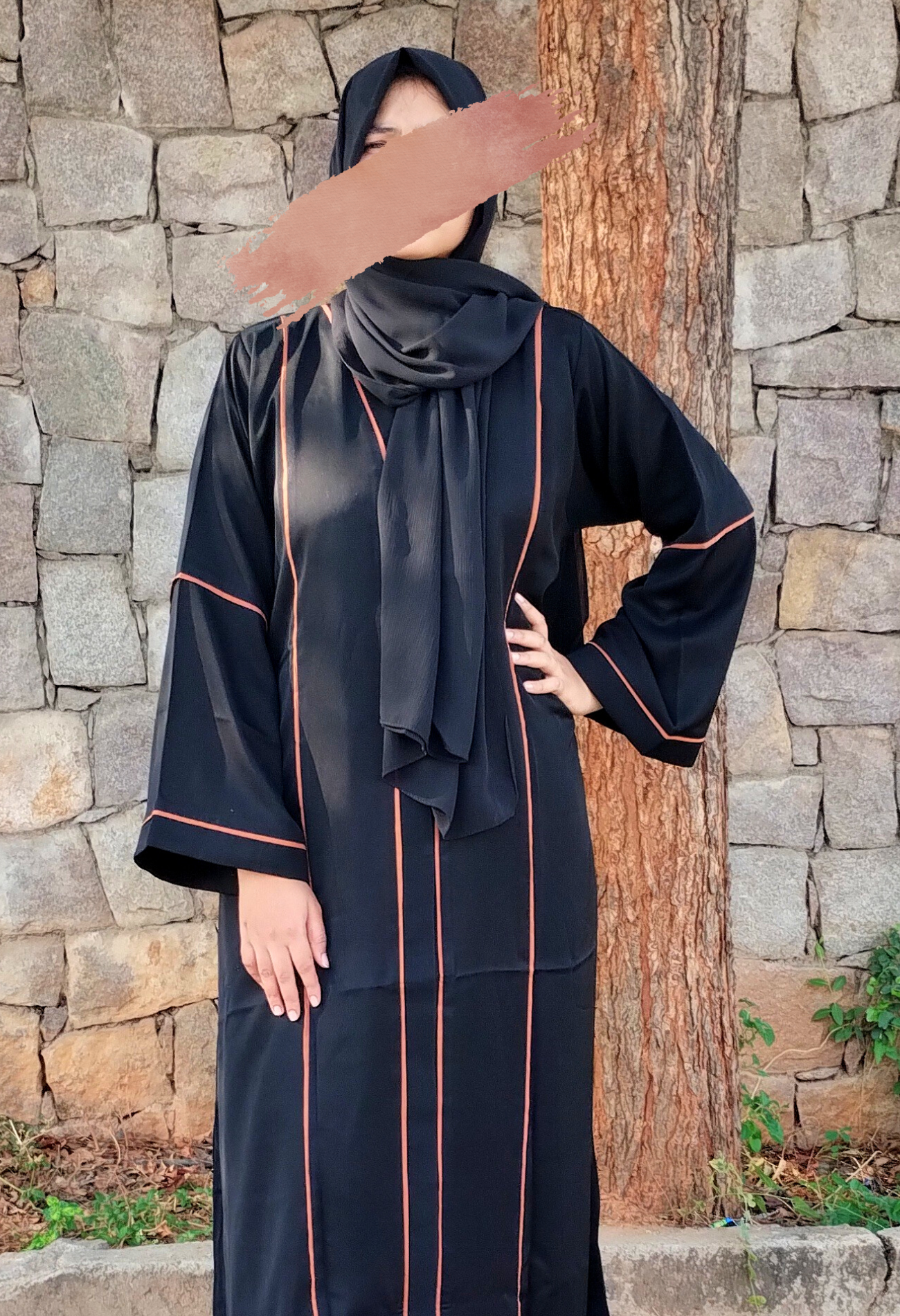 Black Front Open Abaya With Piping