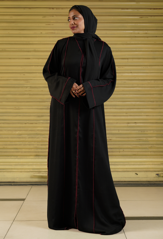 Black Front Open Abaya With Over Lock cuts