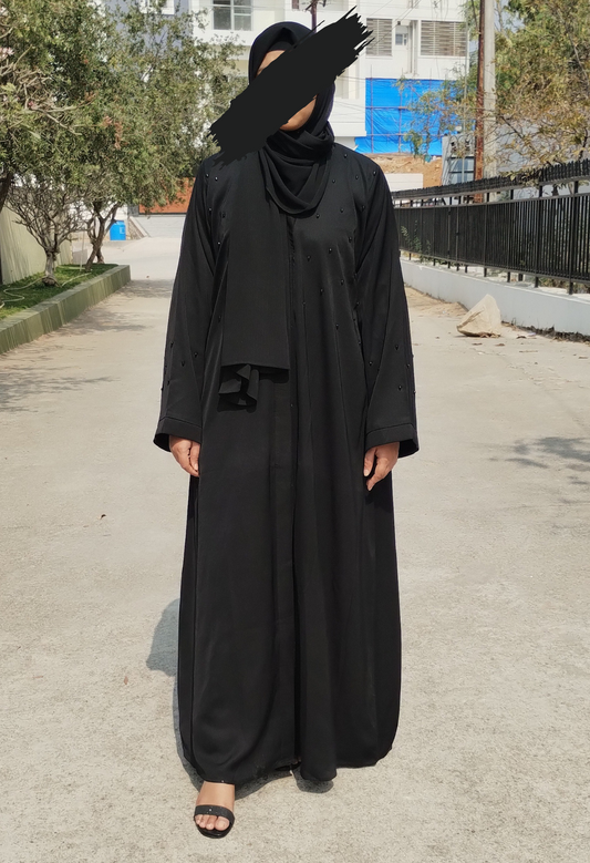 Black Front Open Abaya with Black Beads