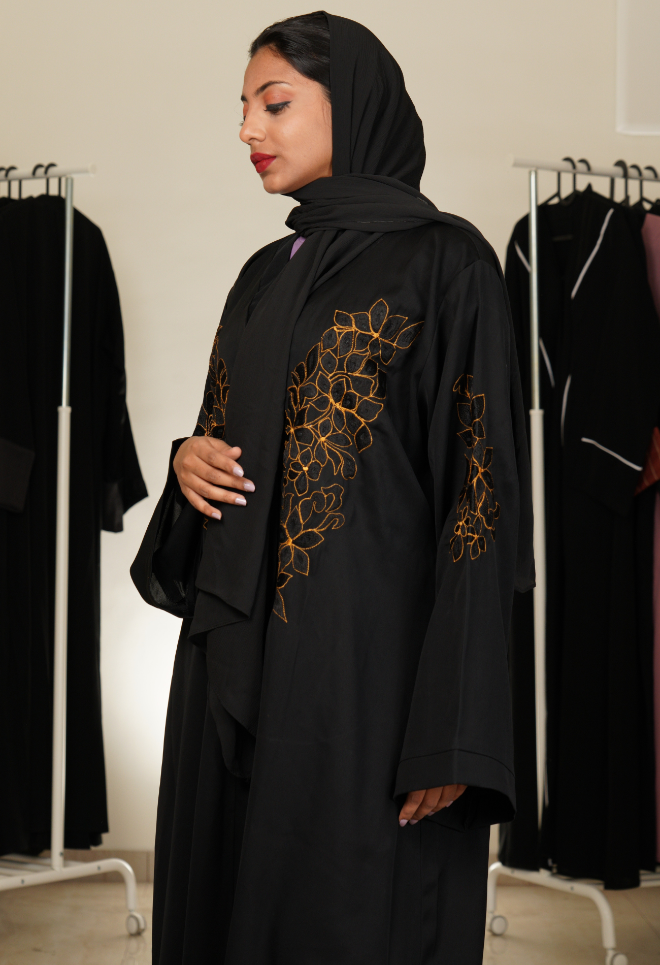 Black Front Open Abaya With Embroidery