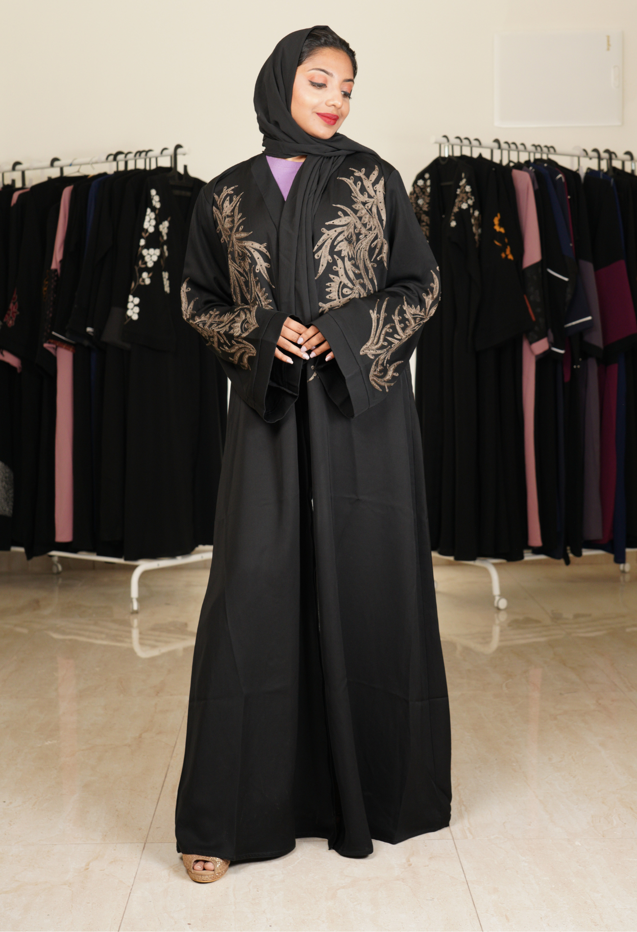 Black Front Open Abaya With Aari Work