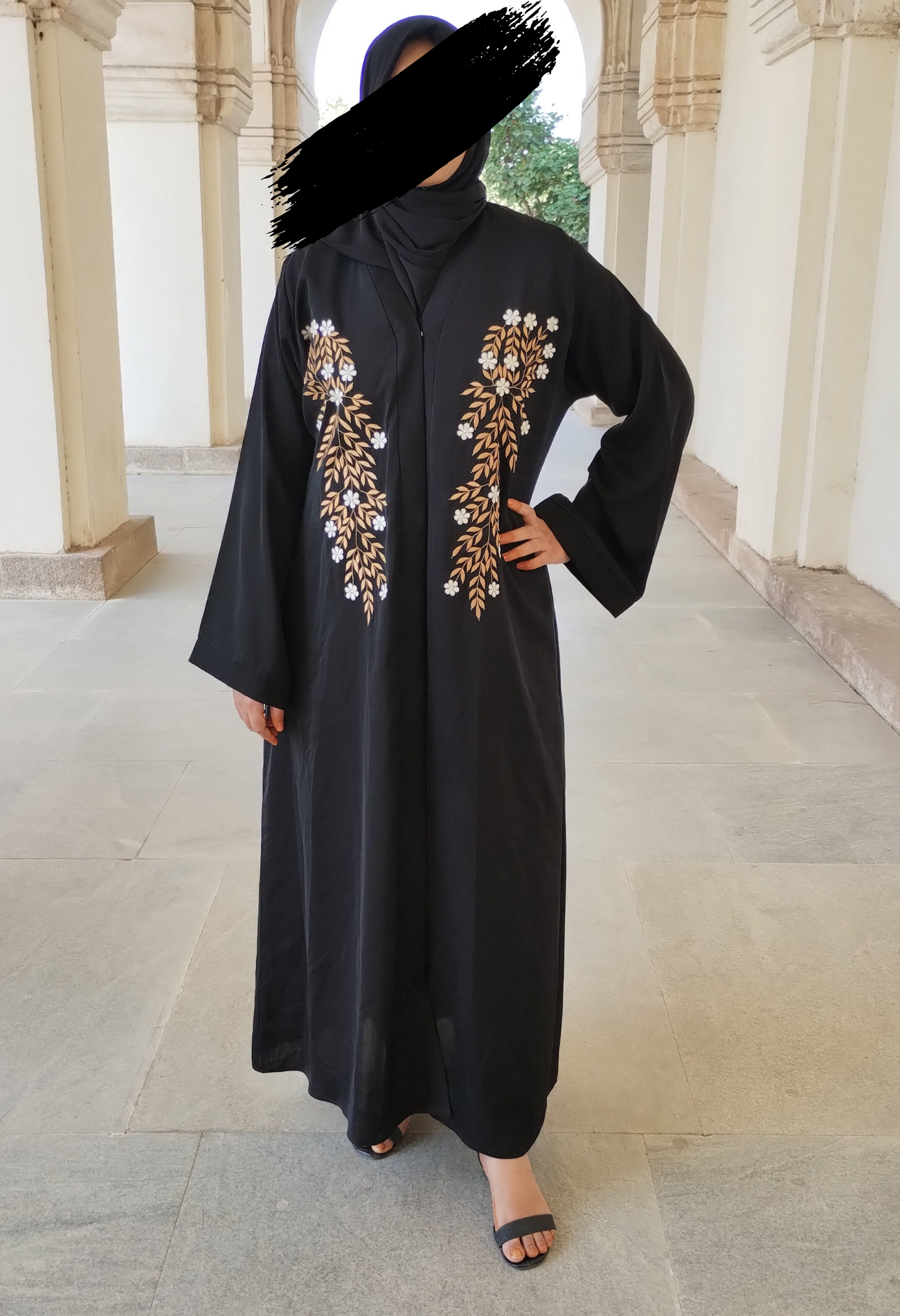 Black front open Abaya with Leaves embroidery