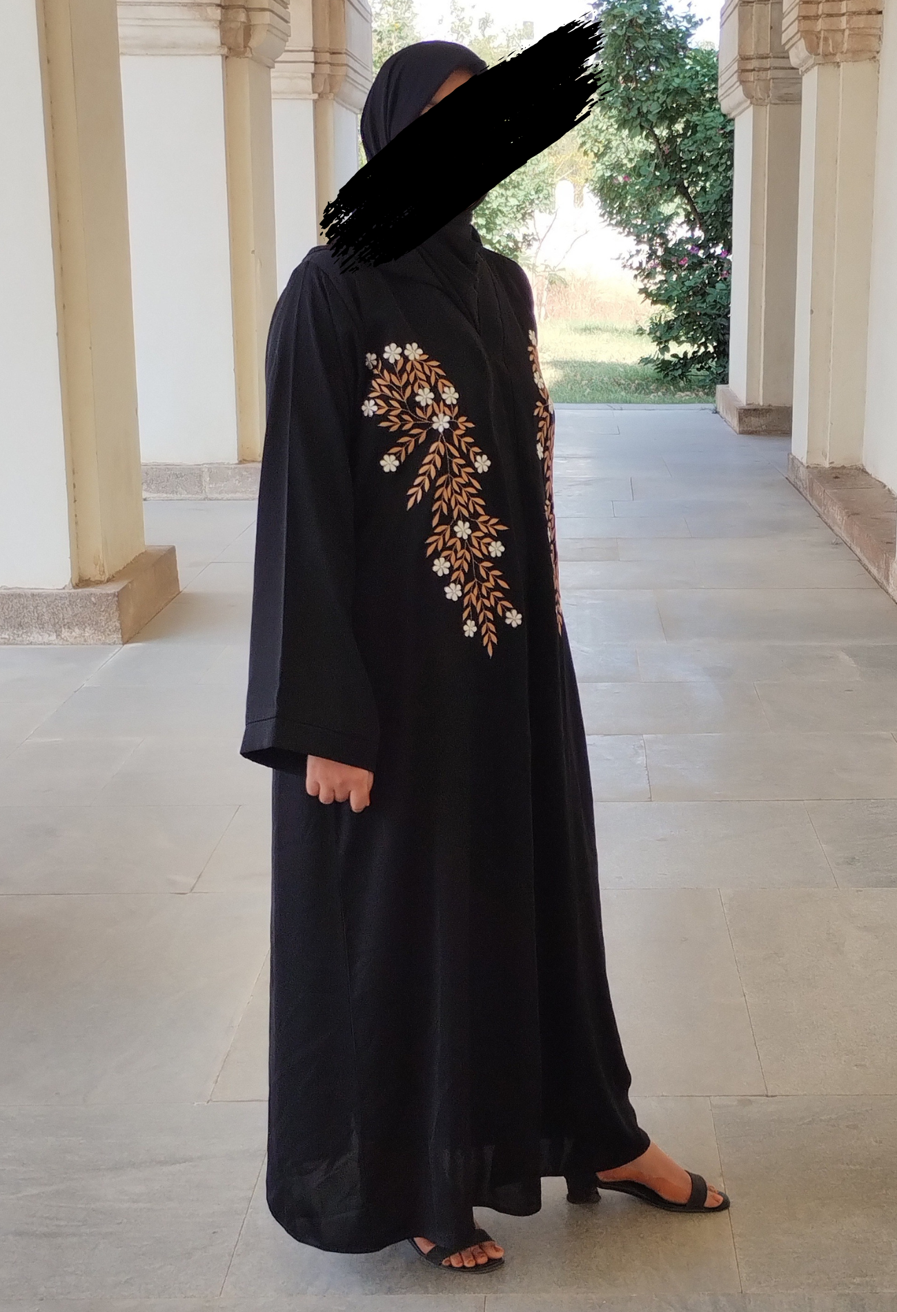 Black front open Abaya with Leaves embroidery