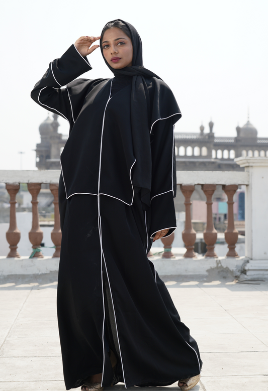 Elegant Black front Open Abaya with Contrasting White Piping