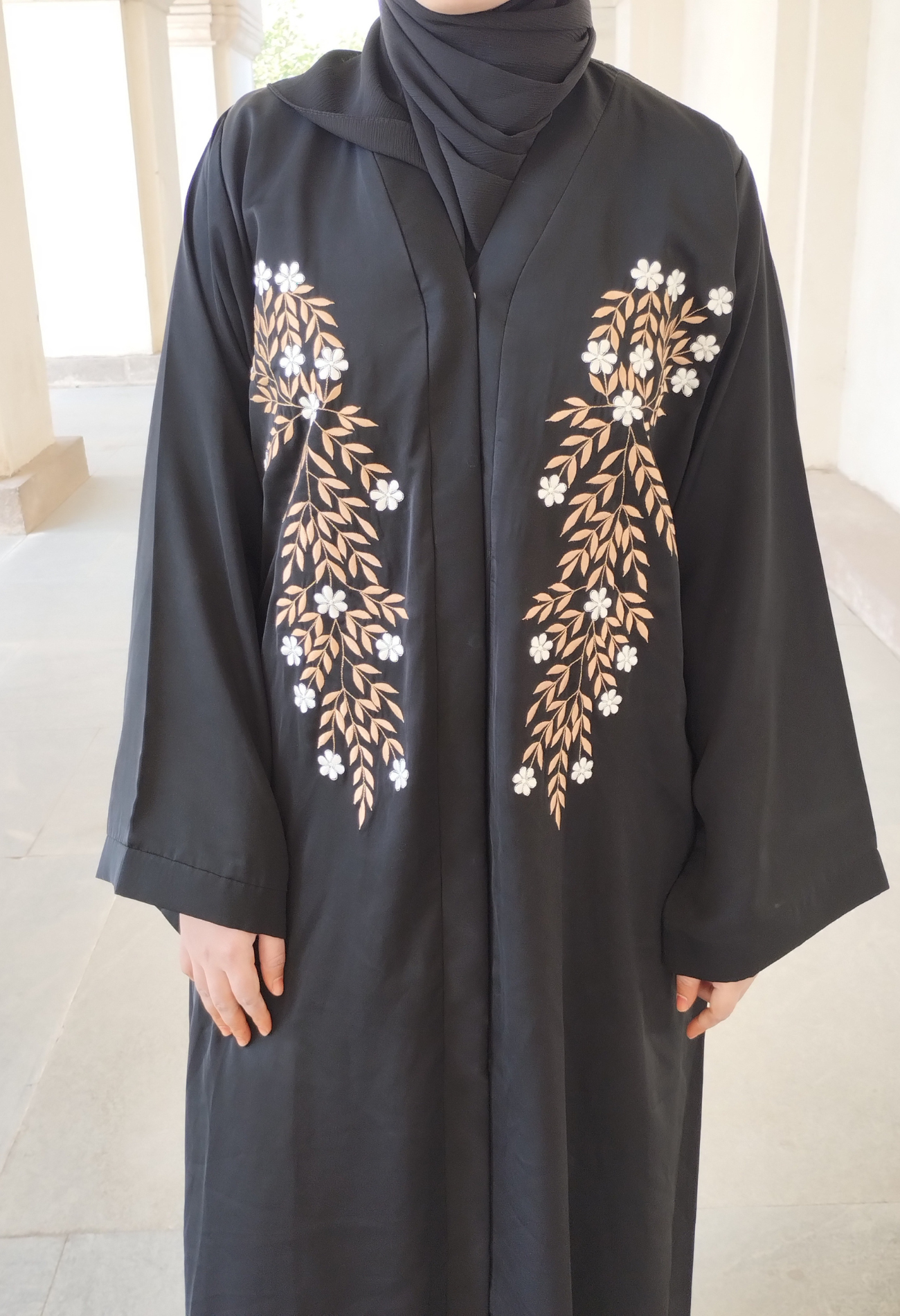 Black front open Abaya with Leaves embroidery