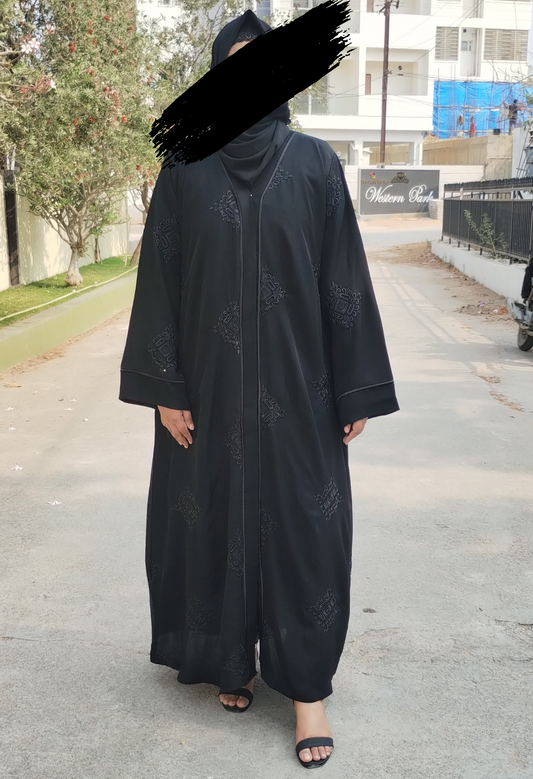 Black Front Open Abaya With Embroidery and stones