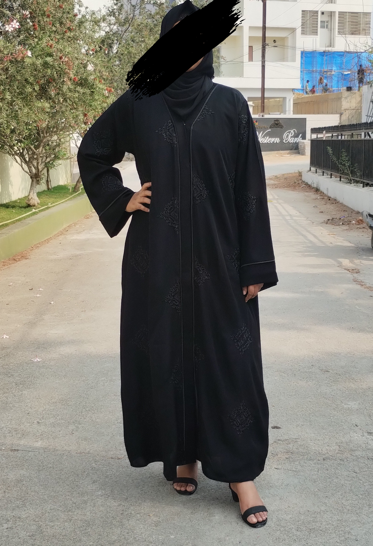 Black Front Open Abaya With Embroidery and stones