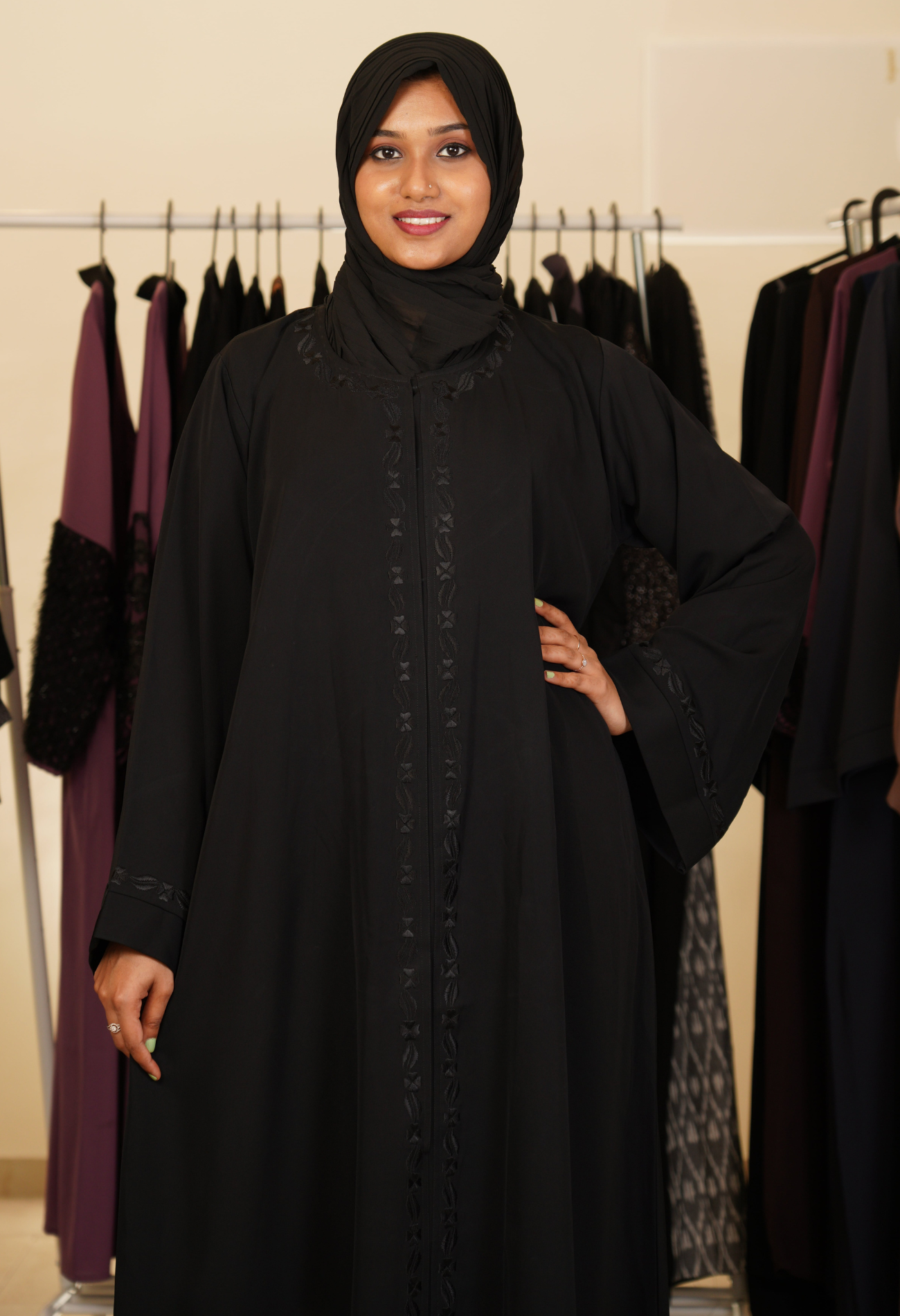 Black Front Open Abaya With Floral Black Embroidery