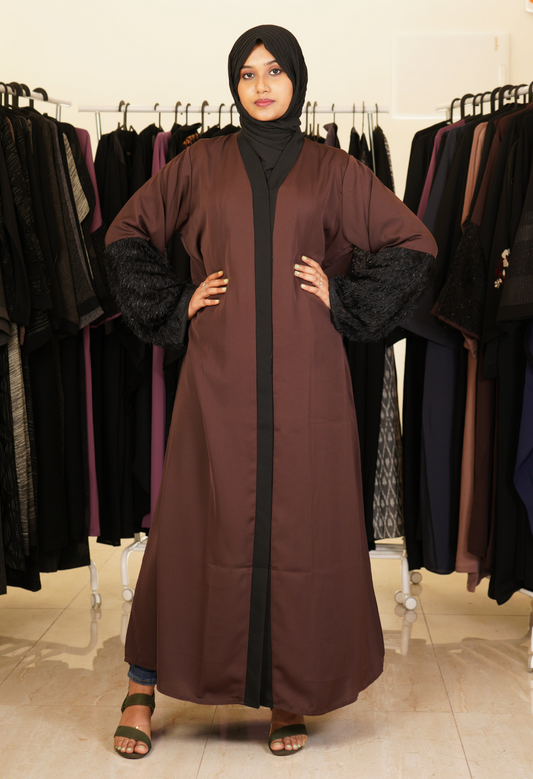 Brown Abaya With Fur On Sleeves