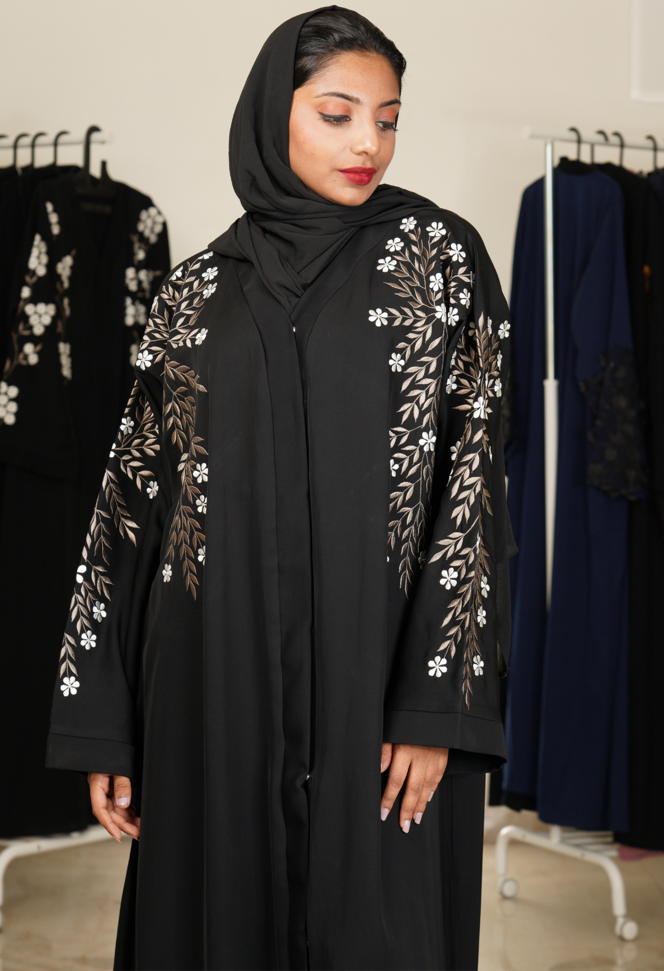 Black Front Open Abaya With Embroidery On Sleeves