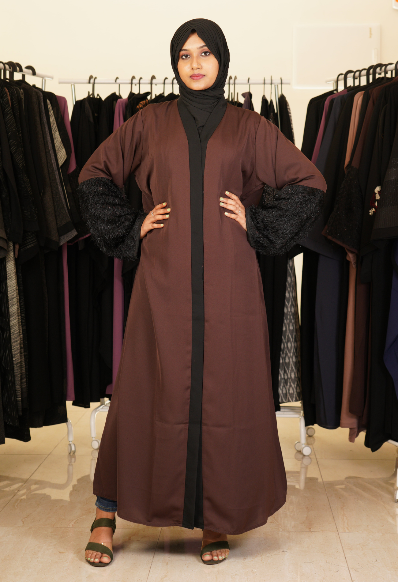 Brown Front Open Abaya With Fur On Sleeves