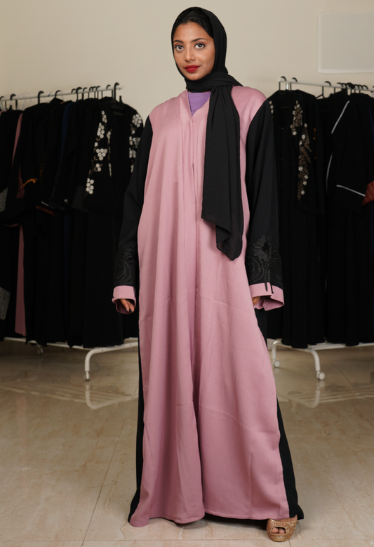 Pink Front Open Abaya With Fur On Sleeves