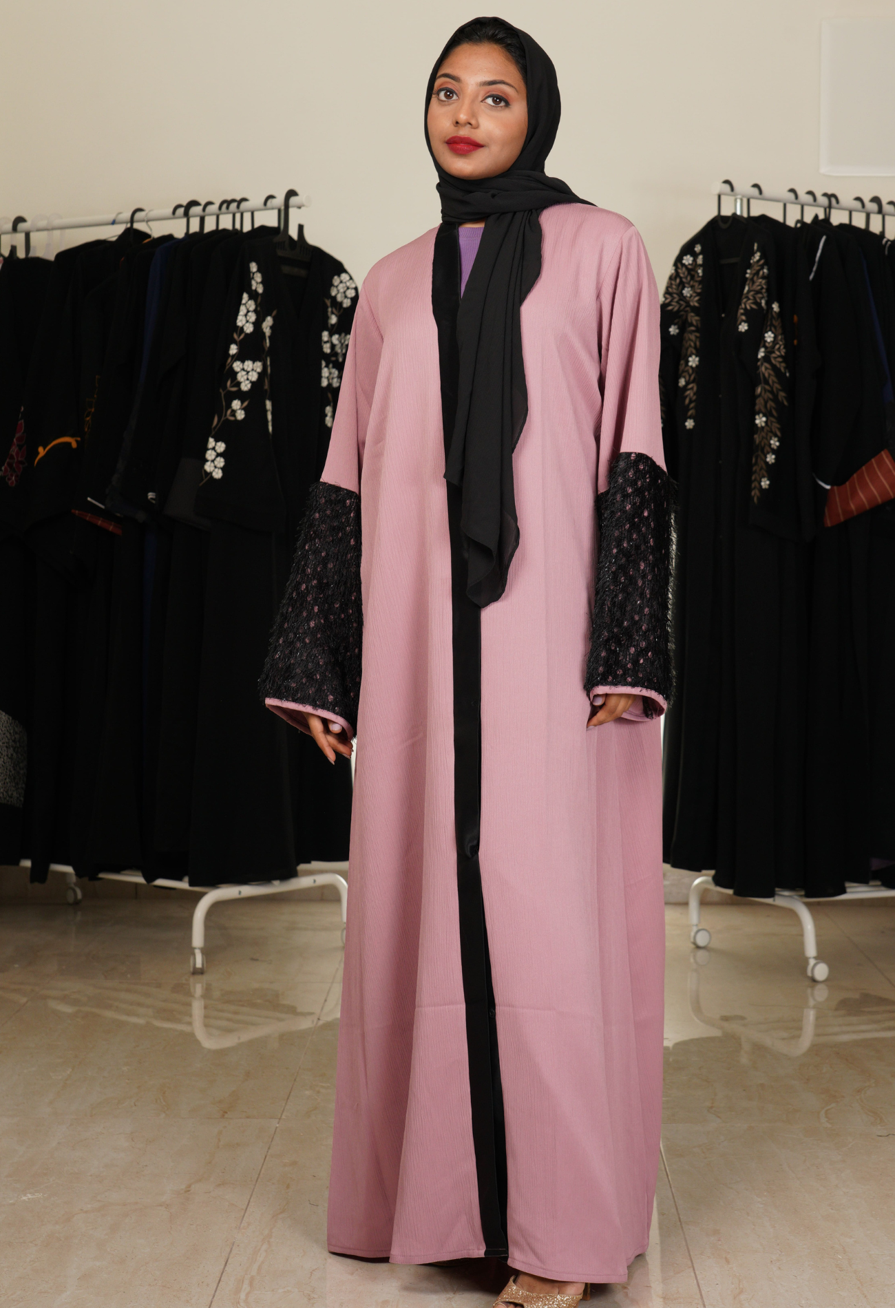 Pink Front Open Abaya With Fur On Sleeves