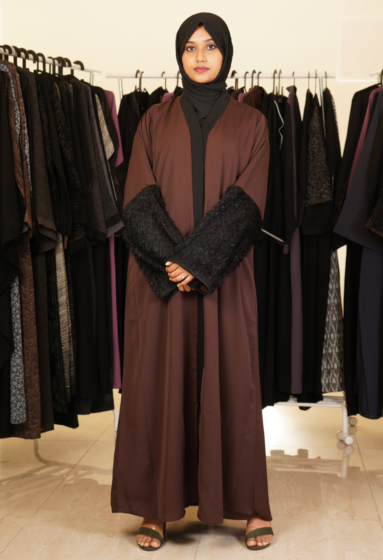 Brown Front Open Abaya With Fur On Sleeves