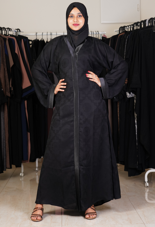 Black Self Design Front Open Abaya