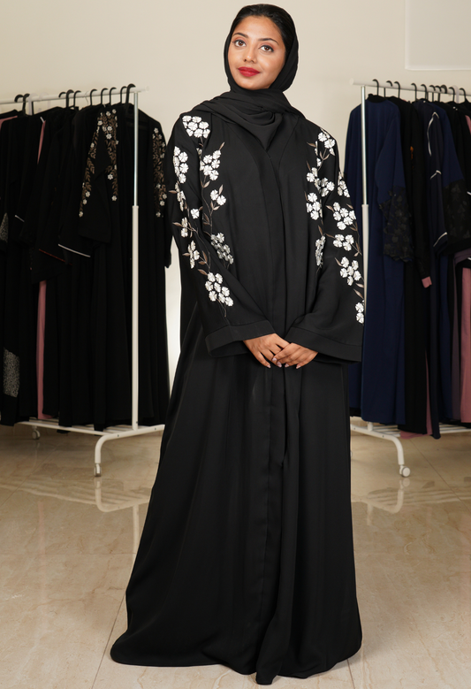 Front Open Black Abaya With Embroidery On Sleeves