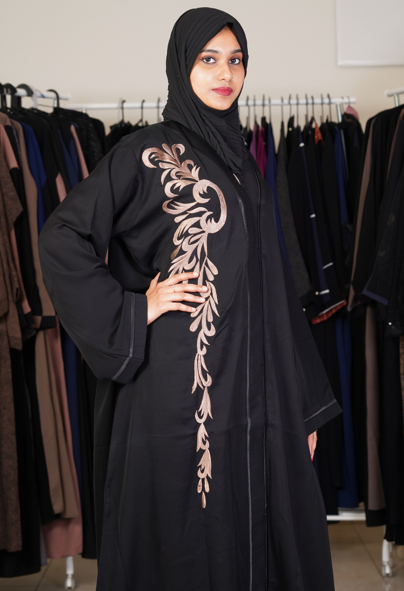 Black Front Open Abaya With Embroidery