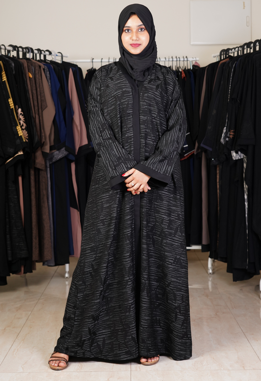 Black Self Design Front Open Abaya