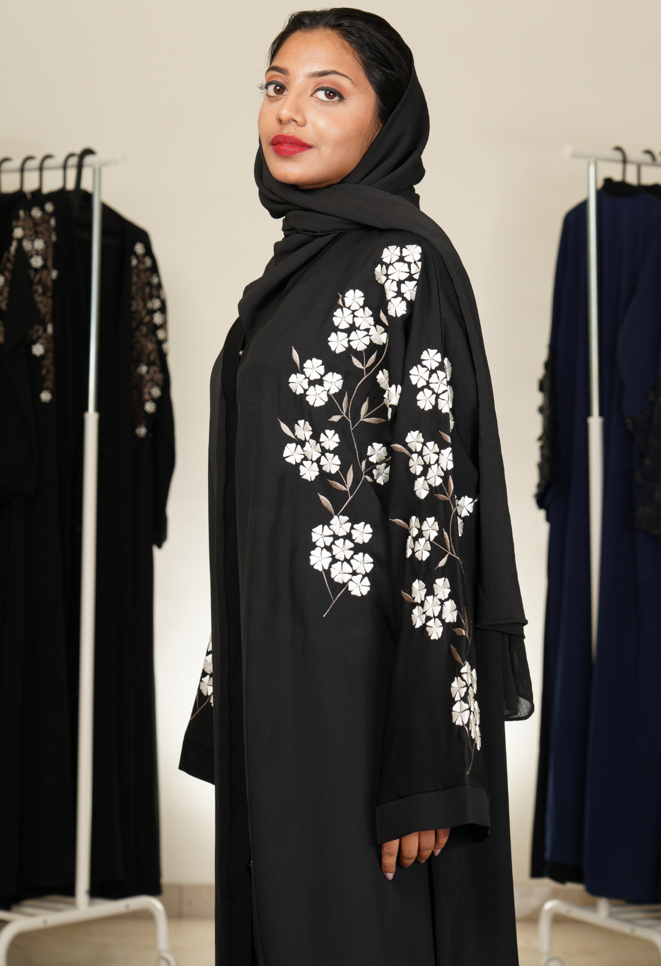 Front Open Black Abaya With Embroidery On Sleeves