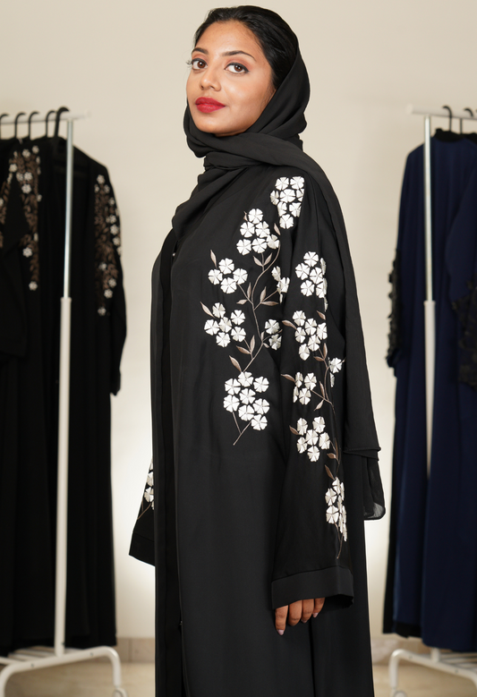 Front Open Black Abaya With Embroidery On Sleeves