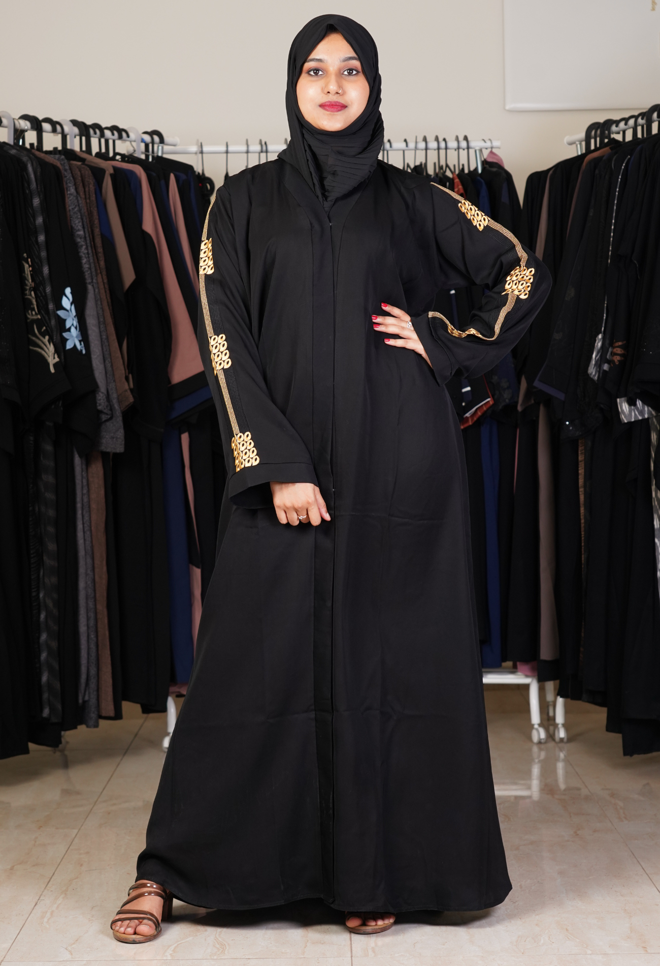 Black Front Open Abaya With Lace on Sleeves