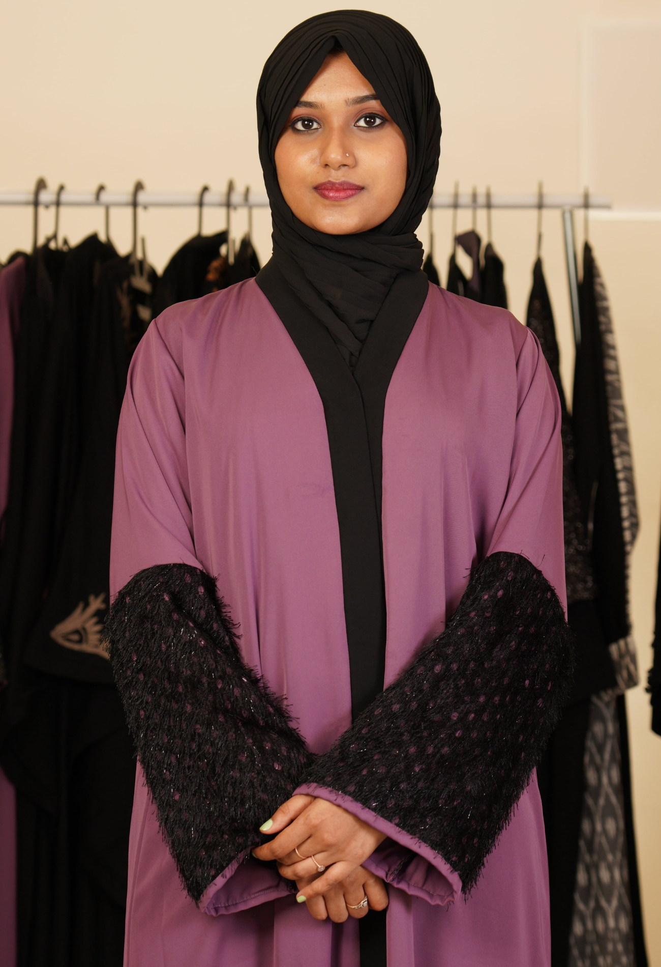 Basic Front Open Abaya With Fur Sleeves