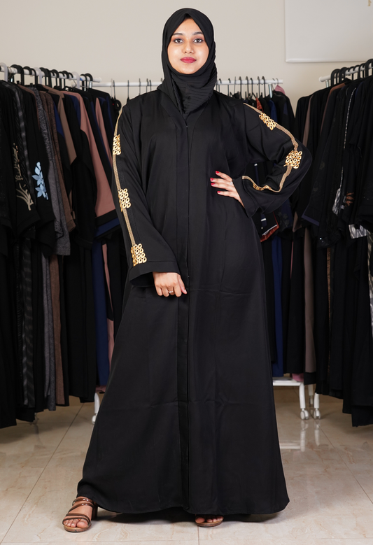 Black Front Open Abaya With Yellow Strip