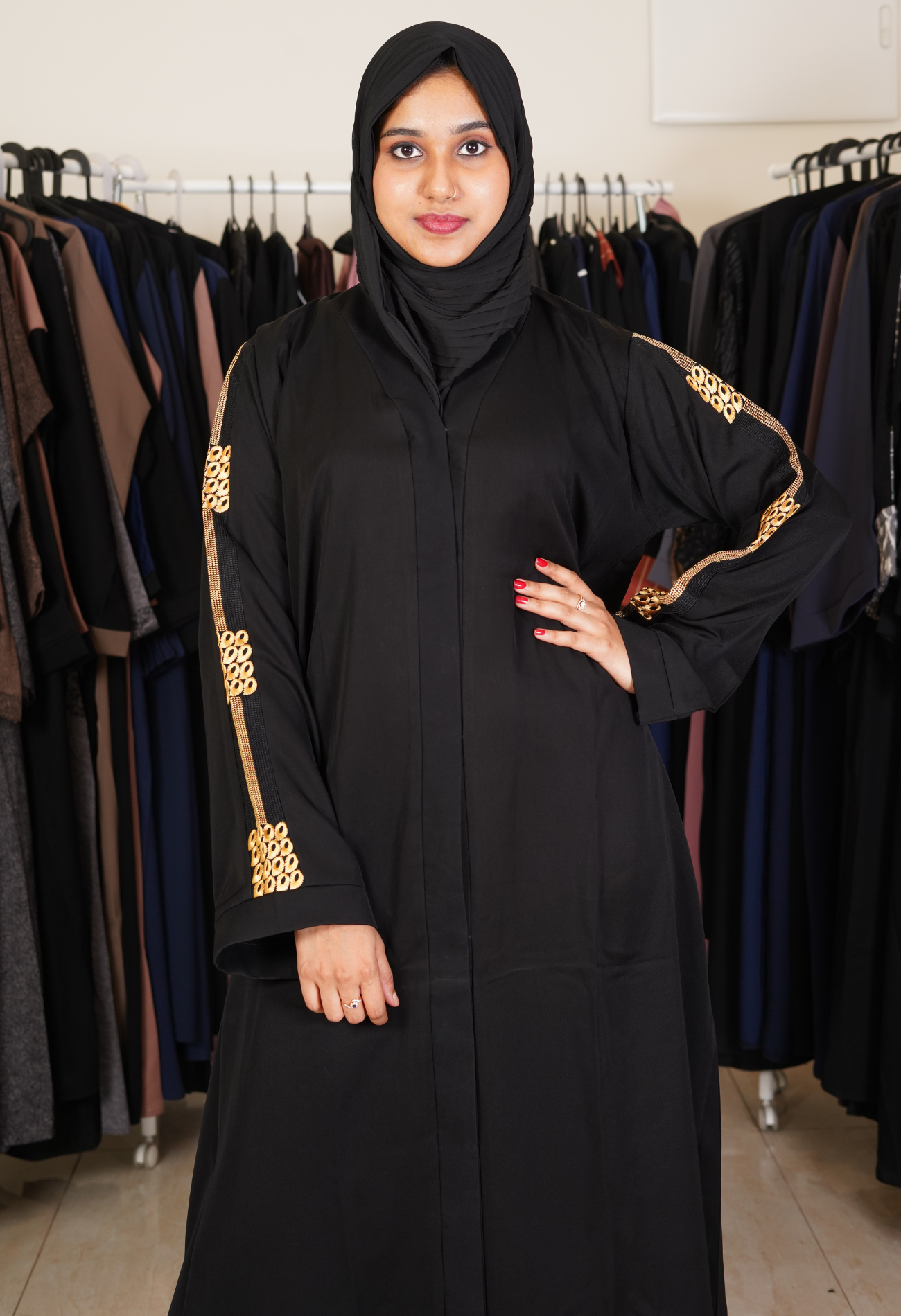 Black Front Open Abaya With Lace on Sleeves