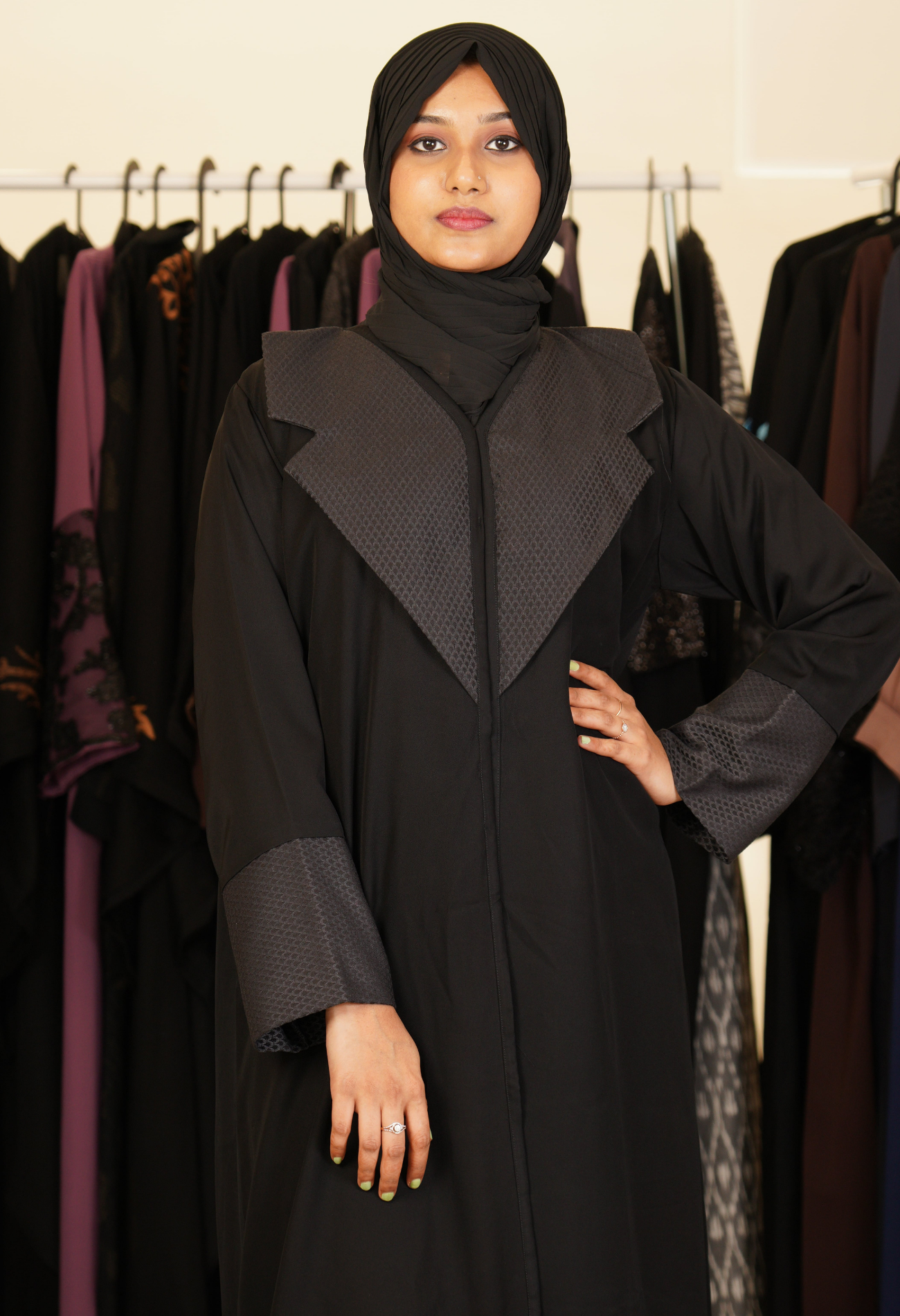 Black Front Open Abaya With Suited Lapel