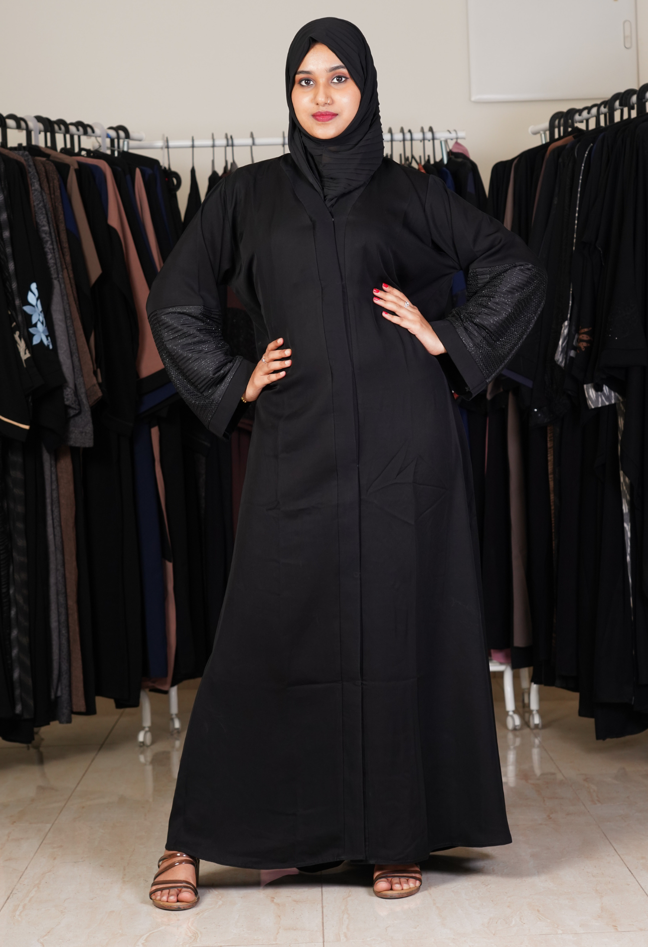 Black Front Open Abaya With Black Netted Sleeves