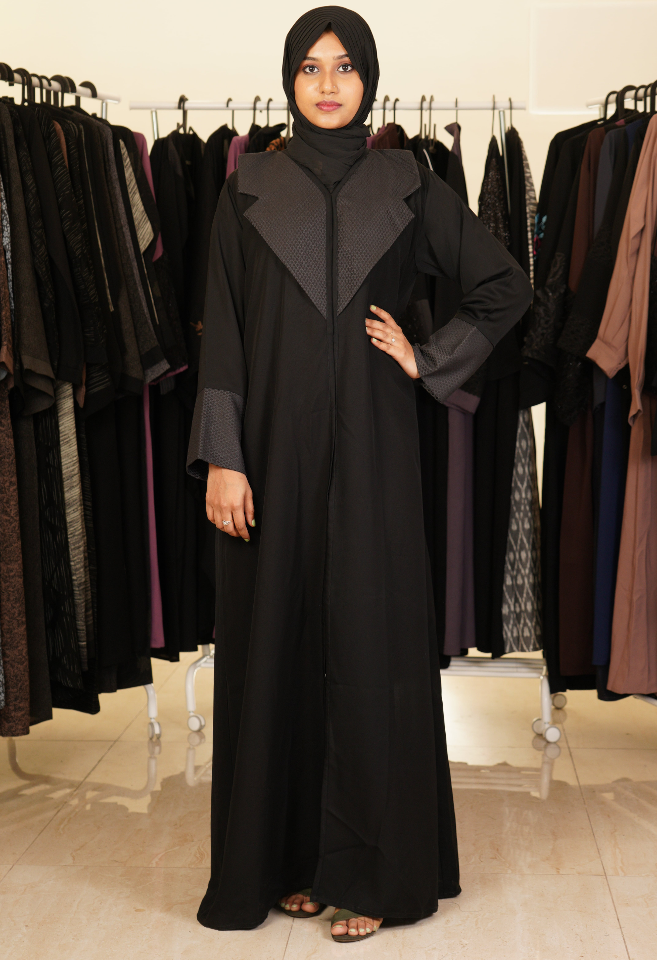 Black Front Open Abaya With Suited Lapel