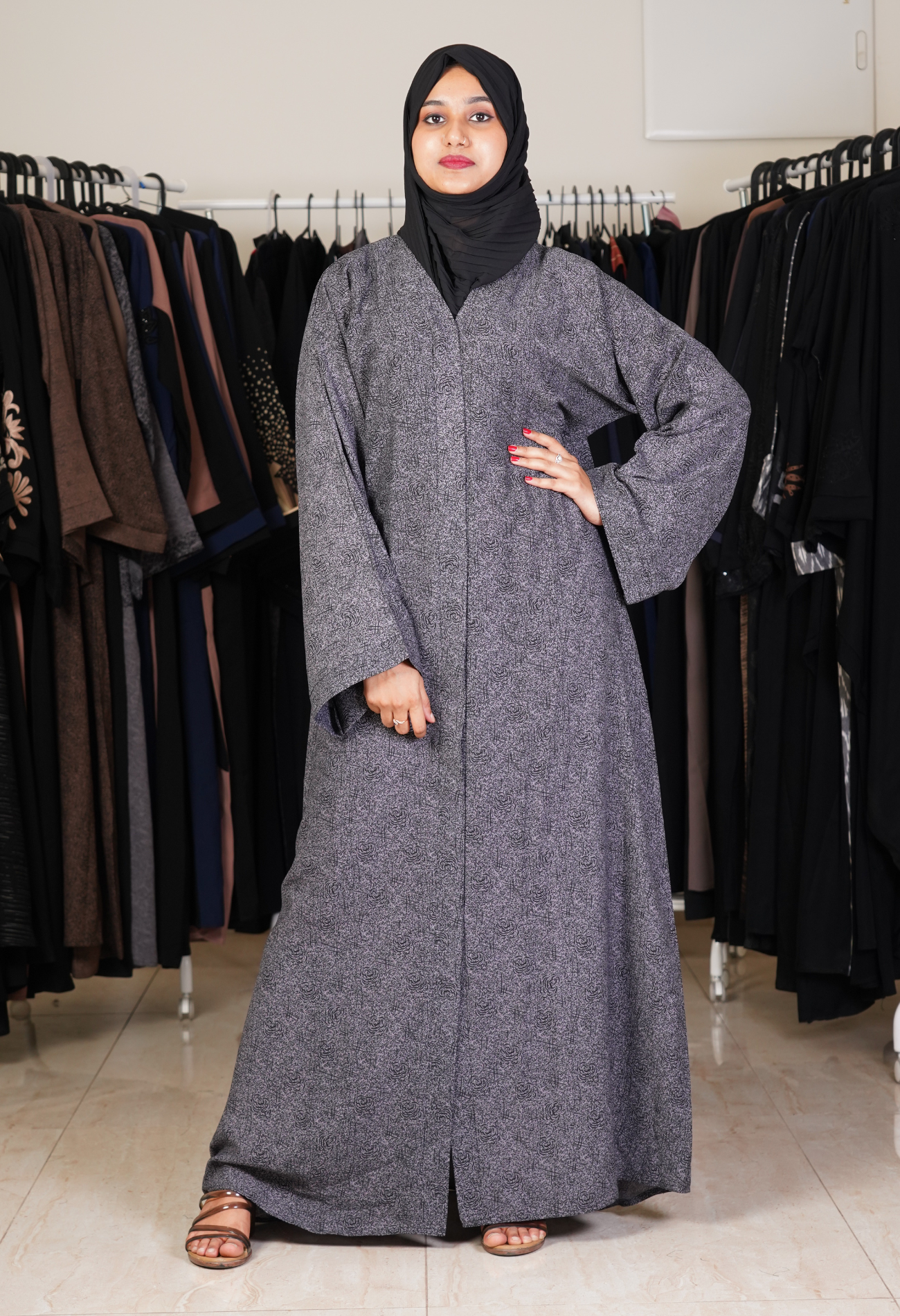 Grey Floral Self Printed Abayas