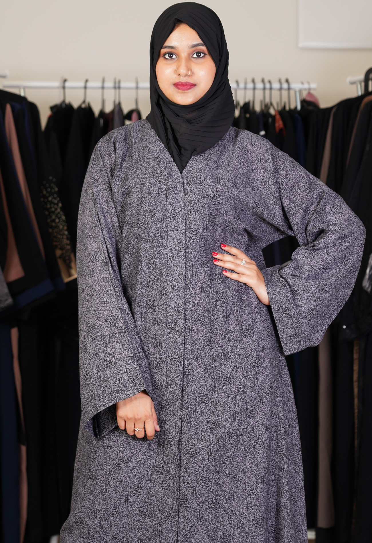 Grey Floral Self Printed Abayas