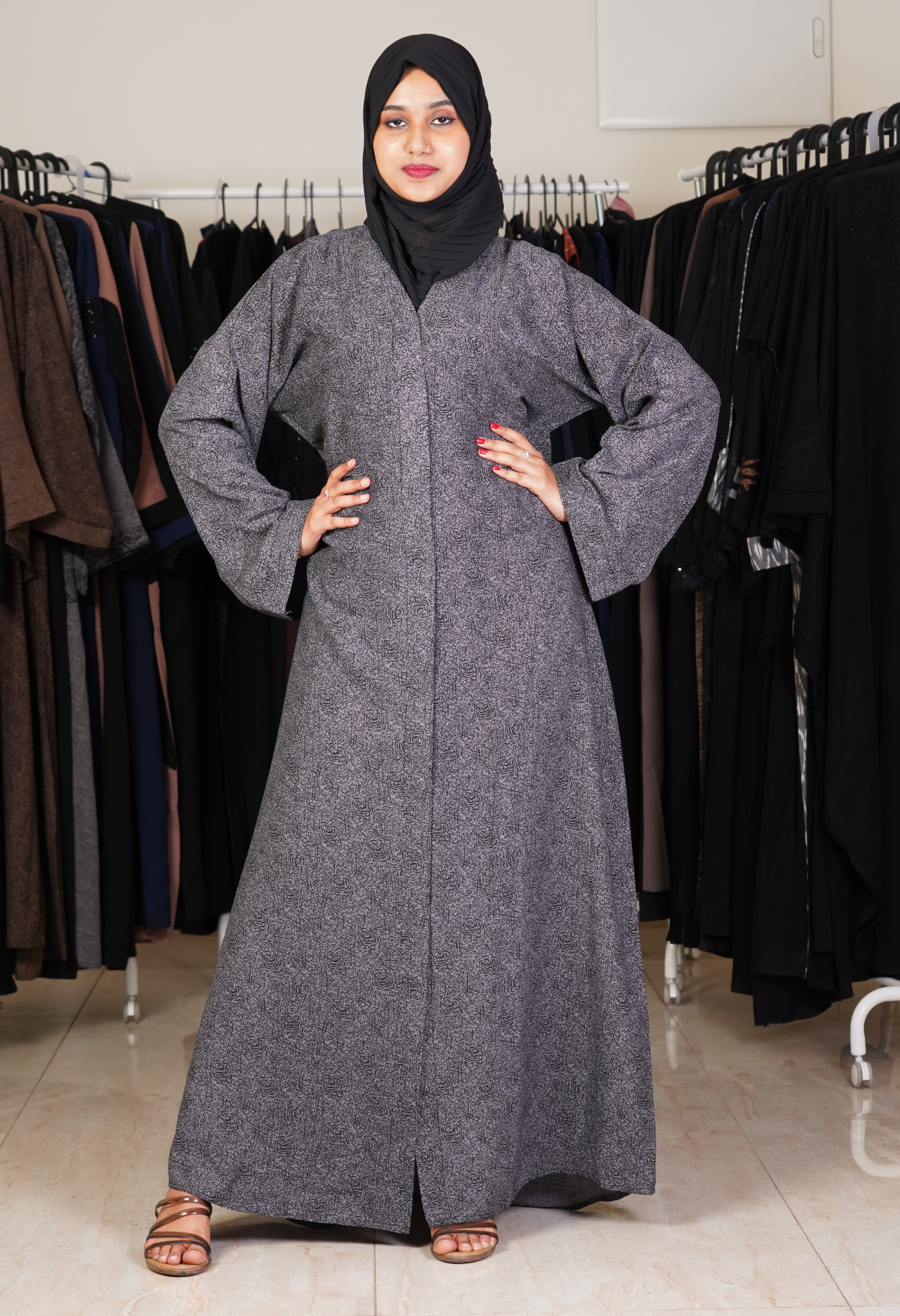 Grey Floral Self Printed Abayas