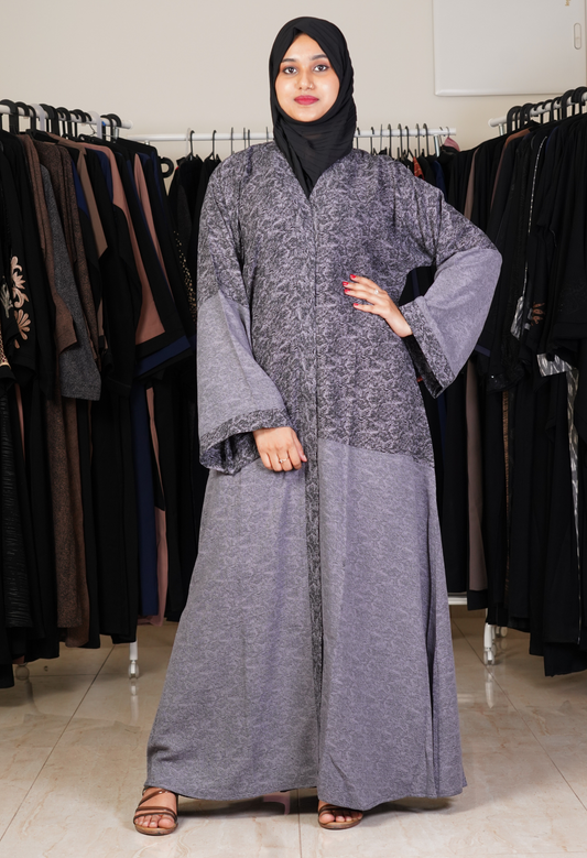 Ash Two Tone Printed Front Open Abaya
