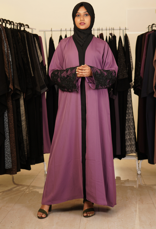 Fuchsia Front Open Abaya With Netted Sleeves