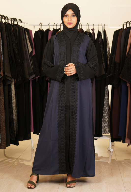 Two Tone front open Abaya With Lace
