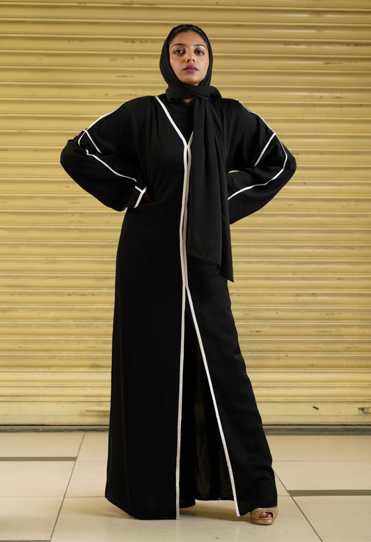 Black Front Open Abaya With White Piping