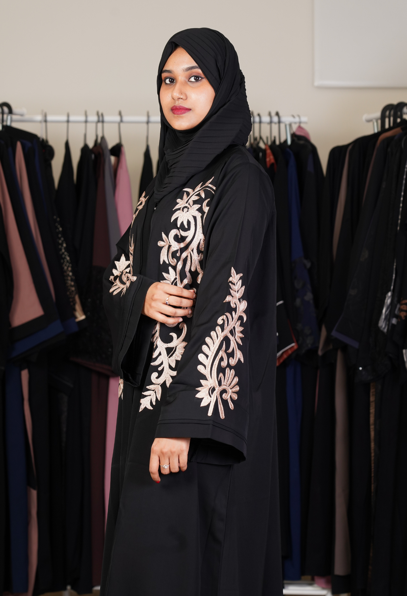 Black Front Open Aari Work Abaya