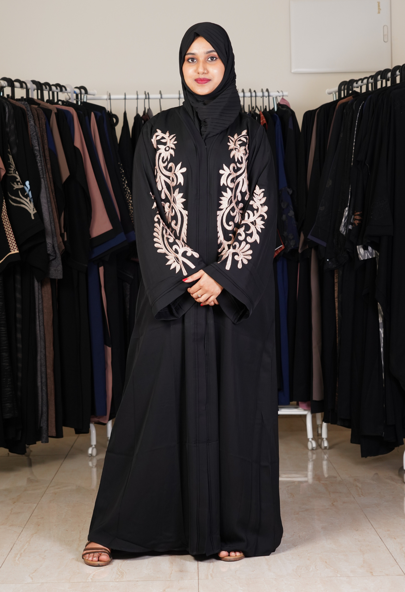 Black Front Open Aari Work Abaya