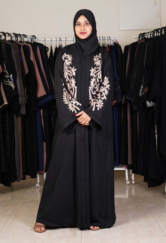 Black Front Open Abaya with Aari Work