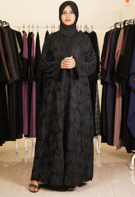 Black Self Printed Front Open Abaya