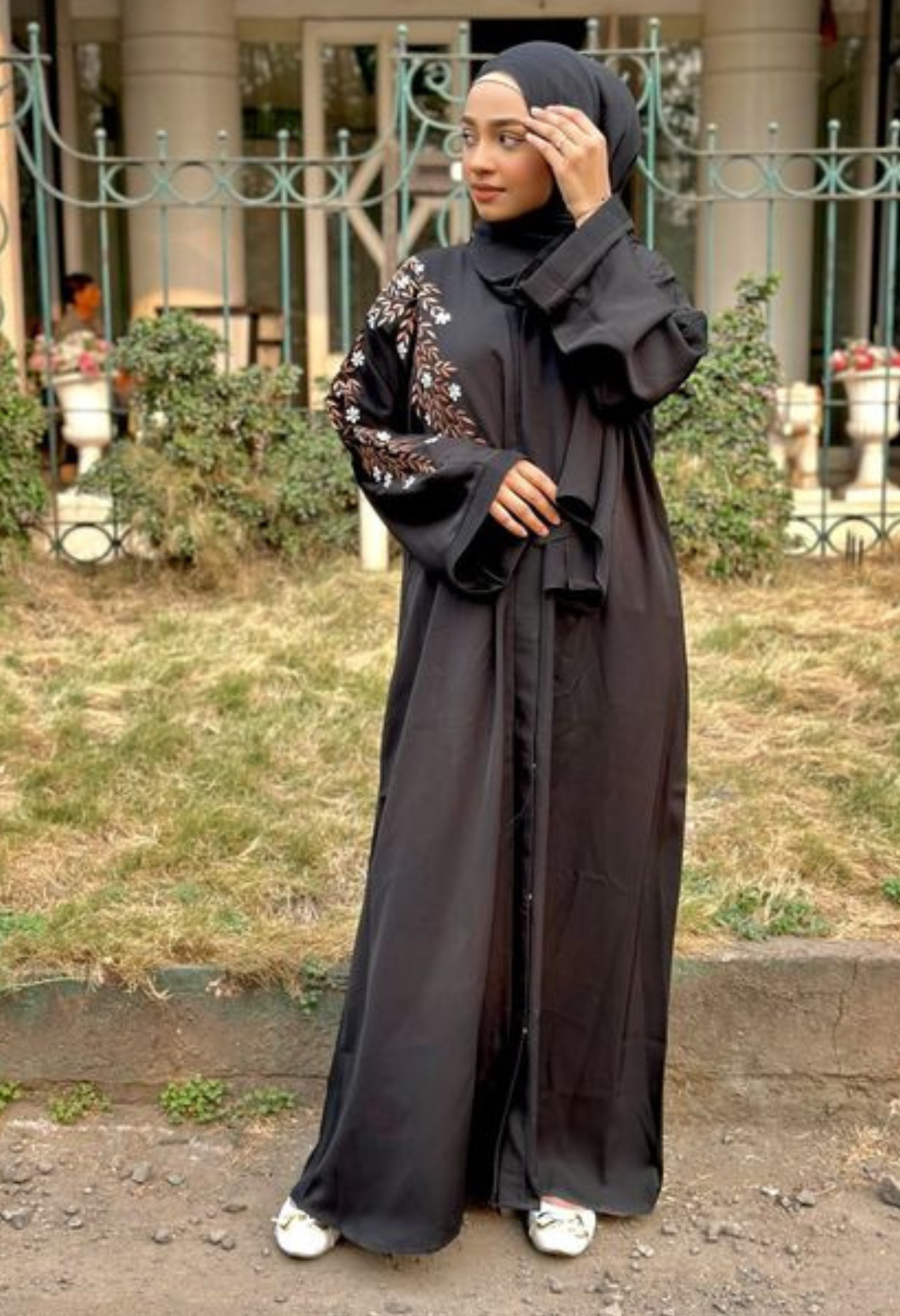 One Sided Embroidery Black Front Open Abaya