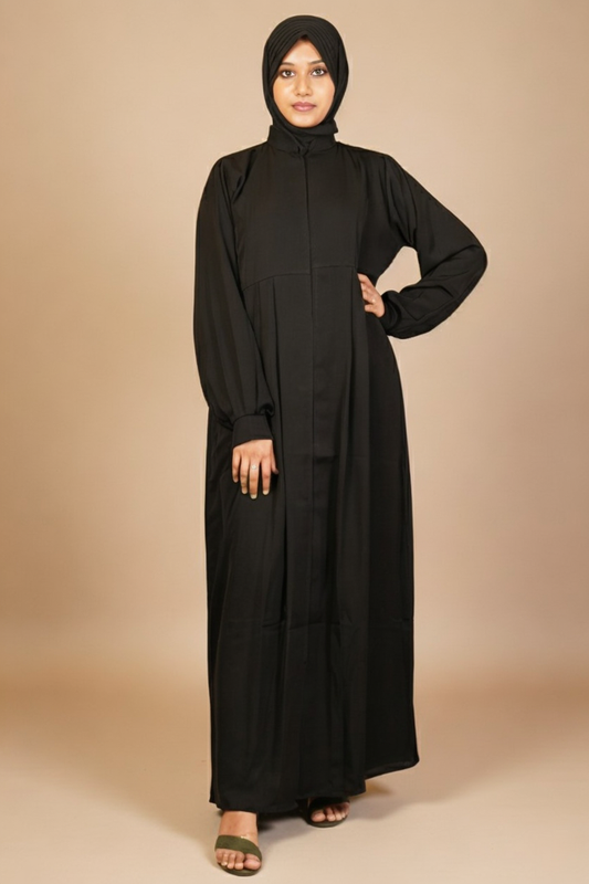Basic Black Front Open Abaya With Cuff Sleeves