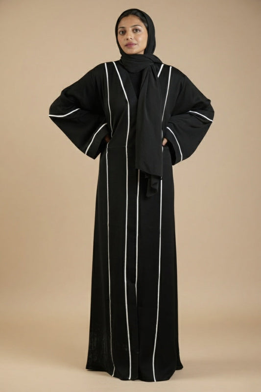 Black Front Open Abaya With Both Side White Strips